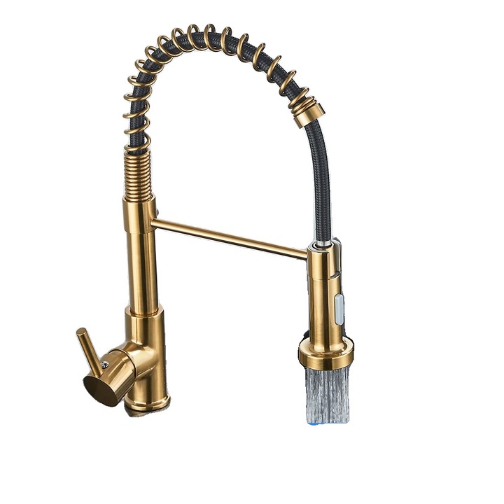 Konyhai csaptelep, munkalapra szerelhető, 2 víz üzemmód, visszahúzható fúvóka, 360-os forgás, csiszolt arany
