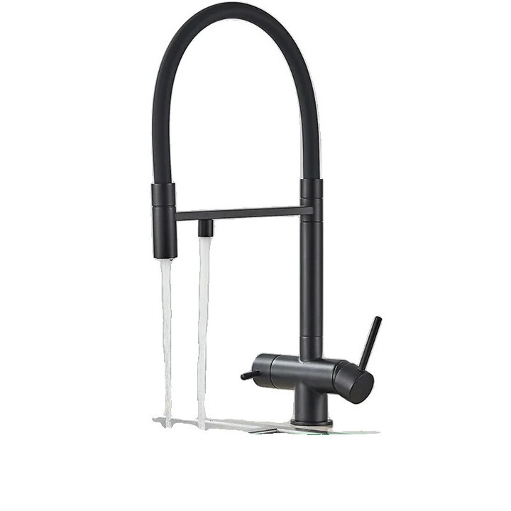 Konyhai csaptelep, vízszűrős, kétkarú, kihúzós permetezővel, matt fekete A
