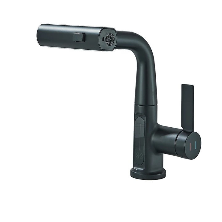 Fürdőszoba mosdócsaptelep, kerámia magos szelep, egykaros vezérlés, fekete LCD