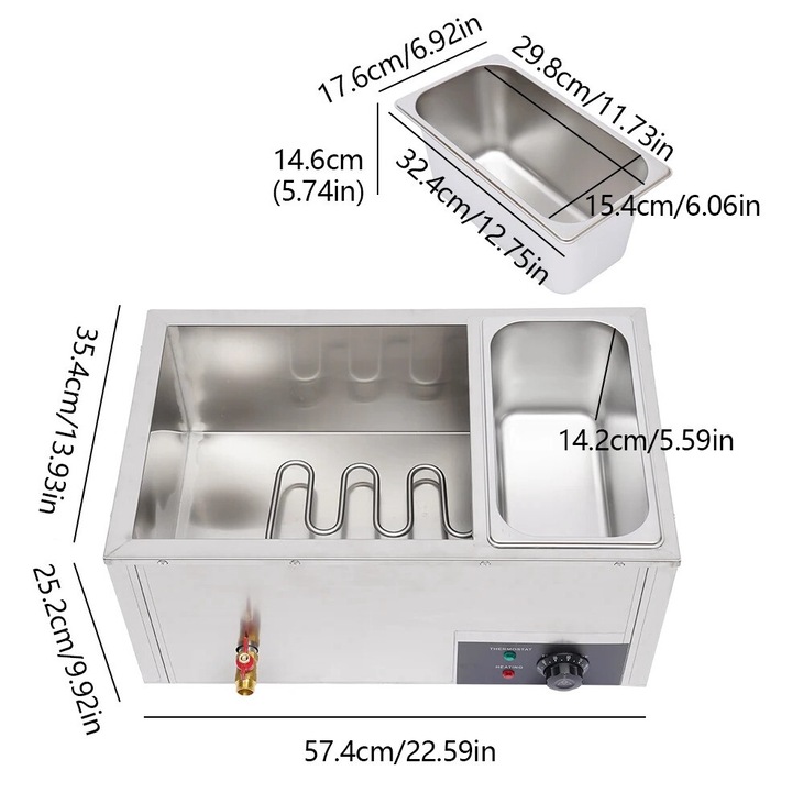Електрически нагревател за храна с 3 съда, регулируема температура, неръждаема стомана, вместимост 7 л, сребрист