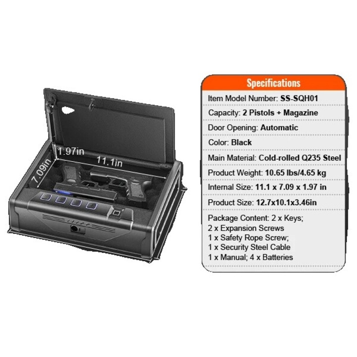 Seif pentru pistoale, Acces Biometric, Iluminare LED, Negru, 32.3x25.6x8.8cm