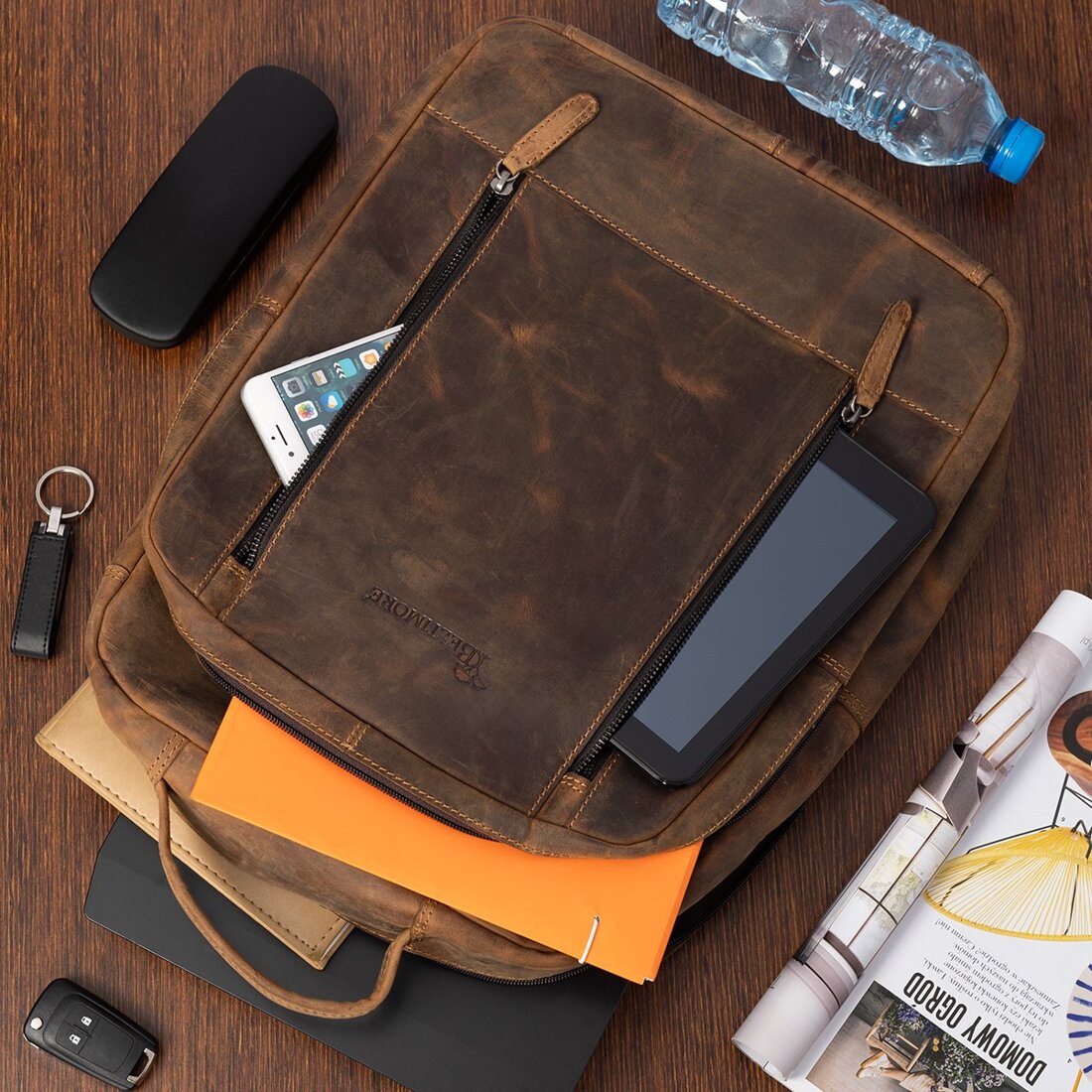 Rucsac laptop vintage Beltimore, piele nubuck, compartimentat, maro, 15.6 inch