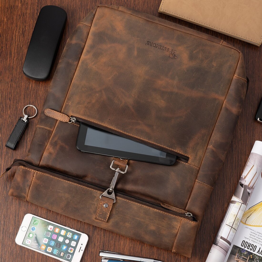 Rucsac laptop vintage Beltimore, piele nubuck, compartimentat, maro