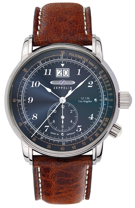 Ceas Zeppelin LZ126 Los Angeles Chronograph, Mecanism Quartz, Rezistent la Apa 5 ATM, Curea Piele Maro, Cadran Albastru