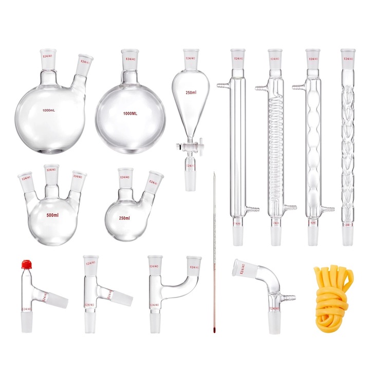 Set 32 piese distilare laborator, sticla borosilicata, articulatii standard 24/40, capacitate flacoane 1000ml/500ml/250ml