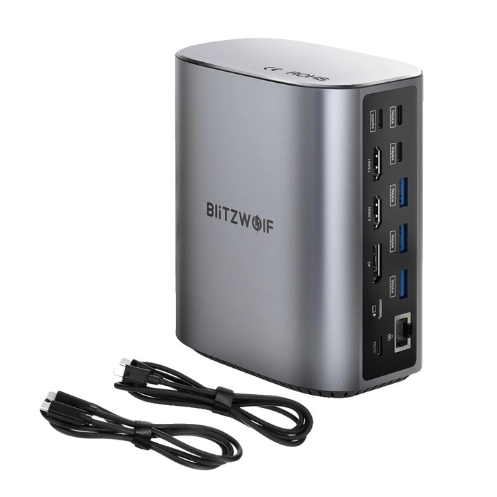 Докинг станция, BlitzWolf, 17 в 1, Dual 4K HDMI, бързо зареждане, 100 W, 115 x 129 x 64 mm, сиво/черно
