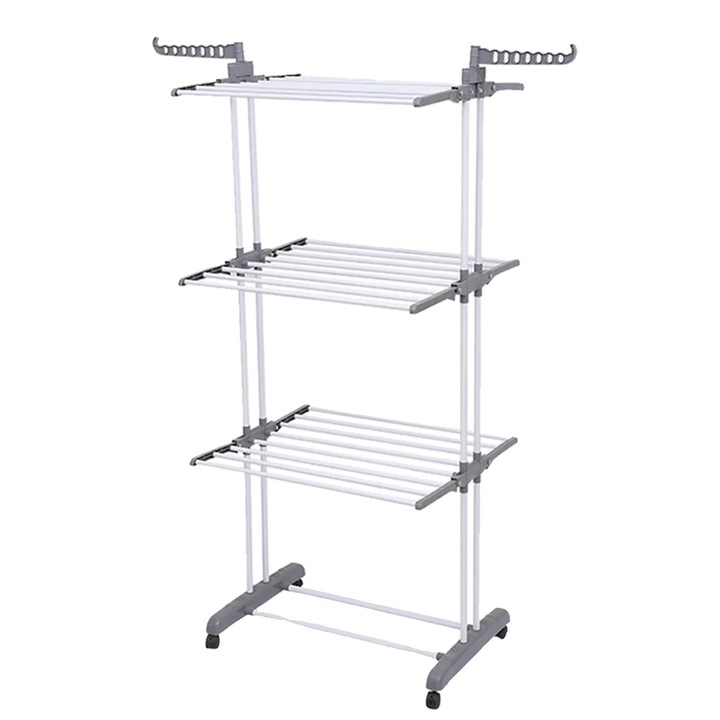 Uscator rufe, 3 nivele cu 2 aripi, mobil cu roti, gri/alb, 126-76x50x172cm