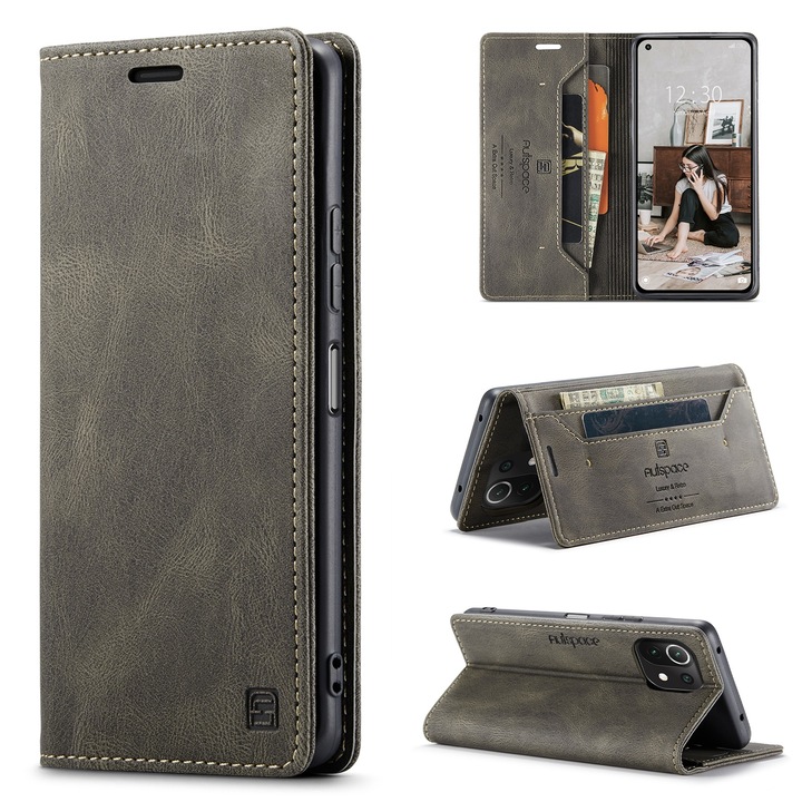 Калъф за Xiaomi Mi 11 Lite, Xiaomi Mi 11 Lite New Edition 5G, CaseMe Retro, слим, кожа, тип портфейл, стойка, магнитно закопчаване, мека текстура, RFID защита, Кафяво кафе