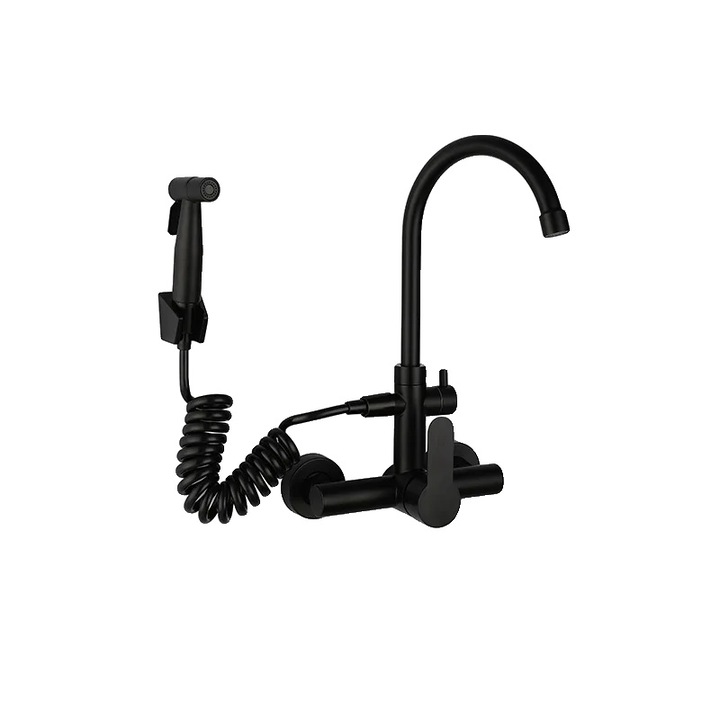 Szaniter csaptelep, matt fekete, 360°-ban forgatható, 2 víz üzemmód, egykaros, munkalapra szerelhető