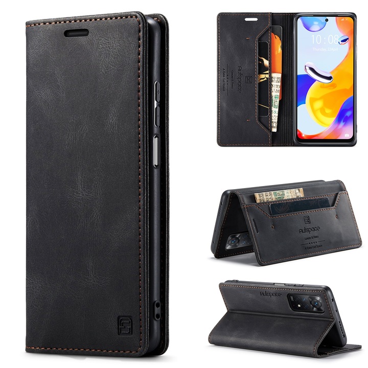Калъф за Xiaomi Redmi Note 11 Pro 4G, 5G, Note 12 Pro 4G, CaseMe Retro, тънък, кожен, тип портфейл, стойка, магнитно закопчаване, мека текстура, RFID защита, Черен