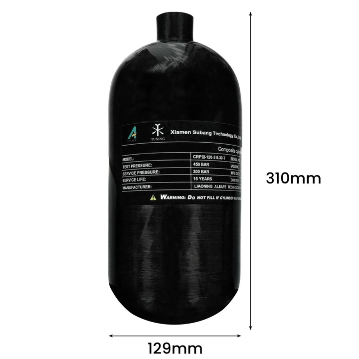 Butelie, fibra de carbon, 2.5 l, 300 bar, cu supapa si furtun, 310 x 129 mm, gri/negru