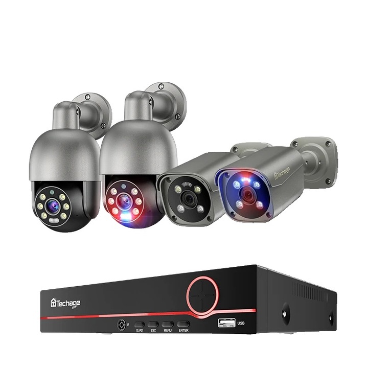 Sistem de camere de supraveghere 8MP, 8 canale, detectie AI, viziune nocturna, set 4 camere, 4TB