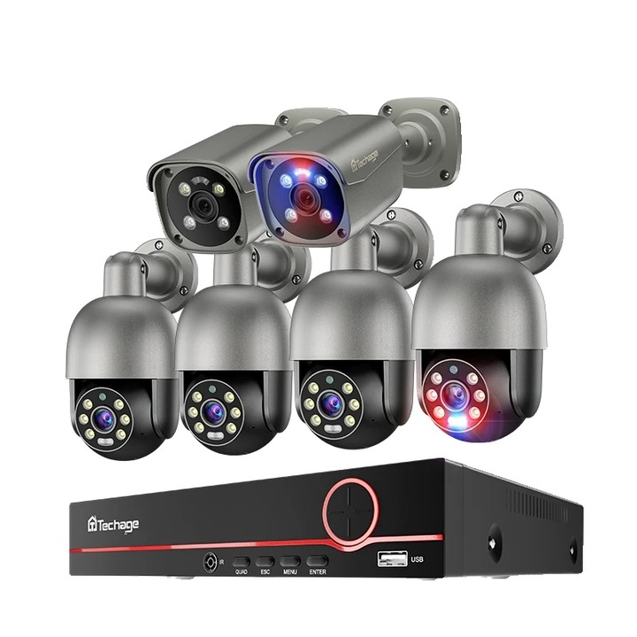 8MP система за видеонаблюдение, цветно нощно виждане, AI детекция, двупосочно аудио, комплект от 6 камери, без HDD