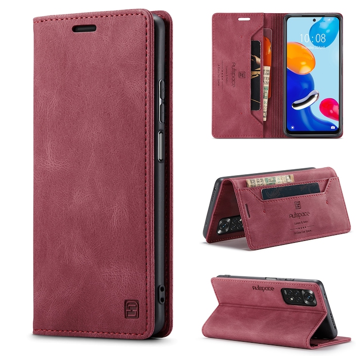 Husa pentru Xiaomi Redmi Note 11, Xiaomi Redmi Note 11S, CaseMe Retro, slim, piele, tip portofel, stand, inchidere magnetica, textura moale, protectie RFID, Rosu