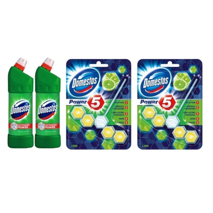 Set Dezinfectare Toaleta Domestos Variety 4 x Componente, 2 x Solutie WC Lichid 1L Pine Fresh, 2 x Odorizant Toaleta 55gr Lime, rapid si eficient, testat dermatologic, prospetime de lunga durata, elimina mirosuri neplacute