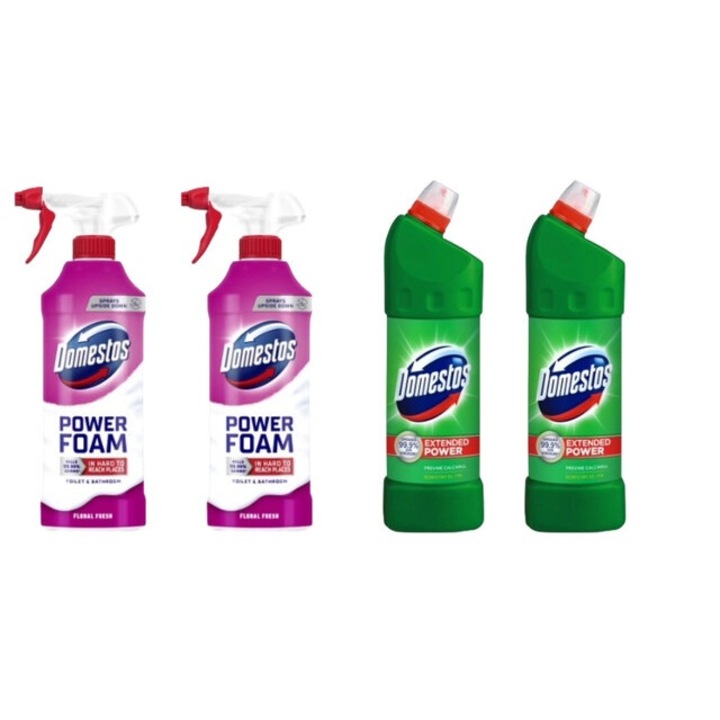 Set Dezinfectare Toaleta Domestos Variety 4 x Componente, 2 x Spuma de Baie 435ml Floral, 2 x Solutie WC Lichid 1L Pine Fresh, rapid si eficient, testat dermatologic, prospetime de lunga durata, elimina mirosuri neplacute