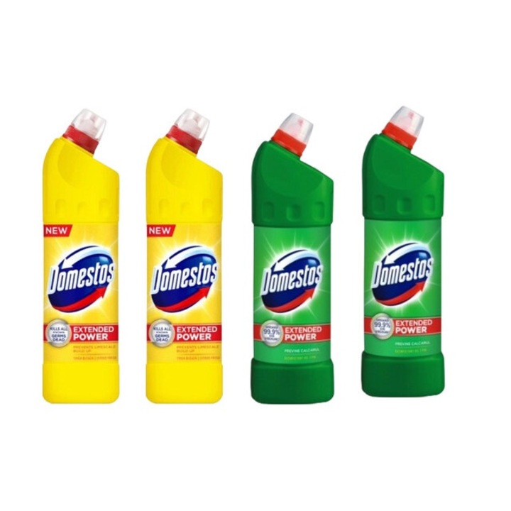 Set Dezinfectare Toaleta Domestos Variety 4 x Componente, 2 x Solutie WC Lichid 750ml Lamaie, 2 x Solutie WC Lichid 1L Pine Fresh, rapid si eficient, testat dermatologic, prospetime de lunga durata, elimina mirosuri neplacute