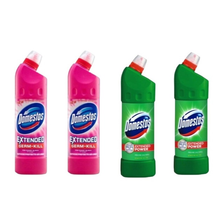 Set Dezinfectare Toaleta Domestos Variety 4 x Componente, 2 x Solutie WC Lichid 750ml Pink Fresh, 2 x Solutie WC Lichid 1L Pine Fresh, rapid si eficient, testat dermatologic, prospetime de lunga durata, elimina mirosuri neplacute