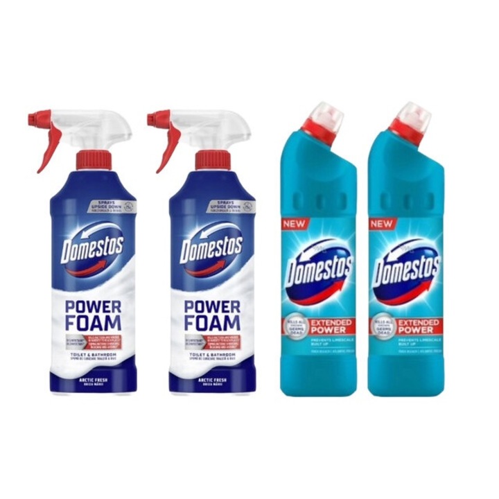 Set Dezinfectare Toaleta Domestos Variety 4 x Componente, 2 x Spuma de Baie 435ml Briza Marii, 2 x Solutie WC Lichid 750ml Atlantic Fresh, rapid si eficient, testat dermatologic, prospetime de lunga durata, elimina mirosuri neplacute
