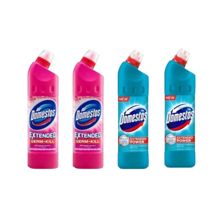 Set Dezinfectare Toaleta Domestos Variety 4 x Componente, 2 x Solutie WC Lichid 750ml Pink Fresh, 2 x Solutie WC Lichid 750ml Atlantic Fresh, rapid si eficient, testat dermatologic, prospetime de lunga durata, elimina mirosuri neplacute