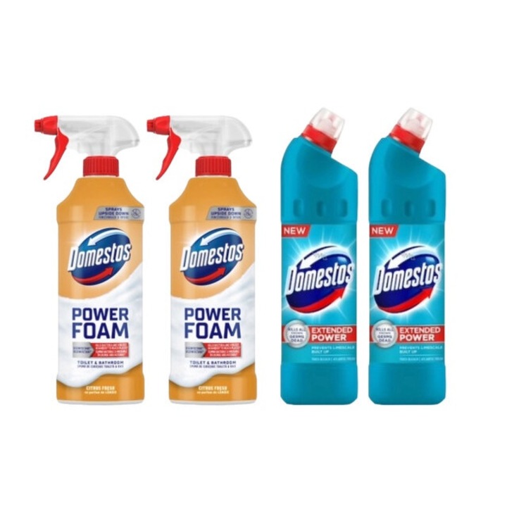 Set Dezinfectare Toaleta Domestos Variety 4 x Componente, 2 x Spuma de Baie 435ml Lamaie, 2 x Solutie WC Lichid 750ml Atlantic Fresh, rapid si eficient, testat dermatologic, prospetime de lunga durata, elimina mirosuri neplacute