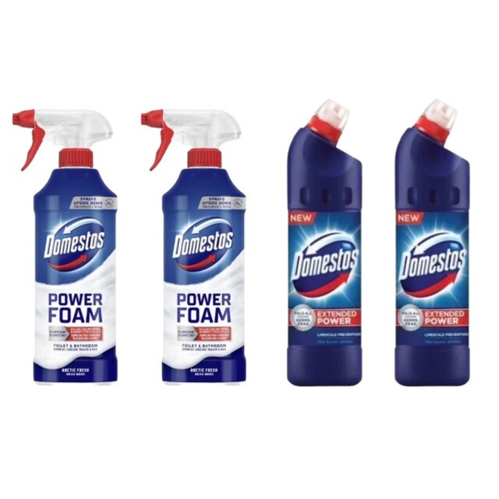 Set Dezinfectare Toaleta Domestos Variety 4 x Componente, 2 x Spuma de Baie 435ml Briza Marii, 2 x Solutie WC Lichid 750ml Briza Marii, rapid si eficient, testat dermatologic, prospetime de lunga durata, elimina mirosuri neplacute