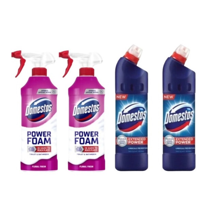 Set Dezinfectare Toaleta Domestos Variety 4 x Componente, 2 x Spuma de Baie 435ml Floral, 2 x Solutie WC Lichid 750ml Briza Marii, rapid si eficient, testat dermatologic, prospetime de lunga durata, elimina mirosuri neplacute