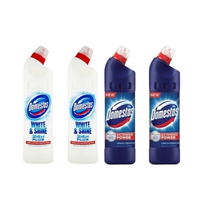 Set Dezinfectare Toaleta Domestos Variety 4 x Componente, 2 x Solutie WC Lichid 750ml White&Shine, 2 x Solutie WC Lichid 750ml Briza Marii, rapid si eficient, testat dermatologic, prospetime de lunga durata, elimina mirosuri neplacute