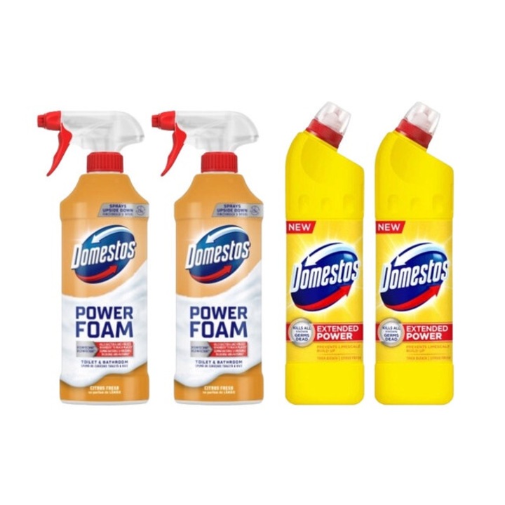 Set Dezinfectare Toaleta Domestos Variety 4 x Componente, 2 x Spuma de Baie 435ml Lamaie, 2 x Solutie WC Lichid 750ml Lamaie, rapid si eficient, testat dermatologic, prospetime de lunga durata, elimina mirosuri neplacute