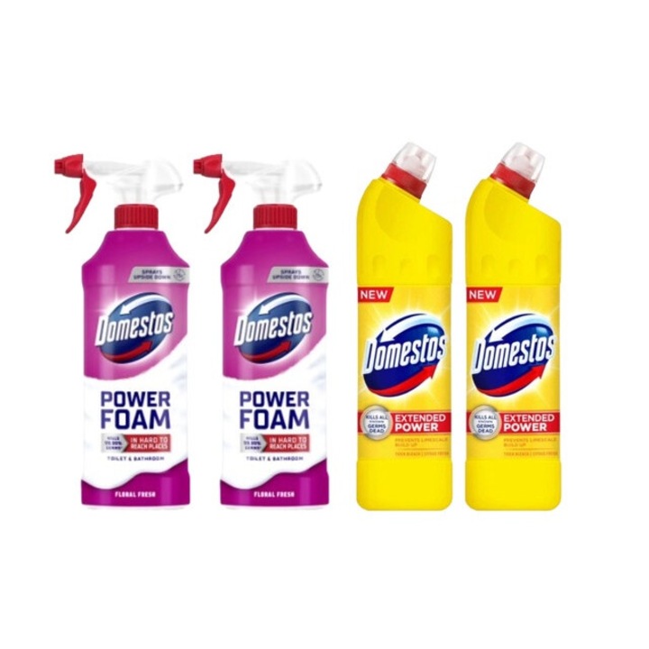 Set Dezinfectare Toaleta Domestos Variety 4 x Componente, 2 x Spuma de Baie 435ml Floral, 2 x Solutie WC Lichid 750ml Lamaie, rapid si eficient, testat dermatologic, prospetime de lunga durata, elimina mirosuri neplacute
