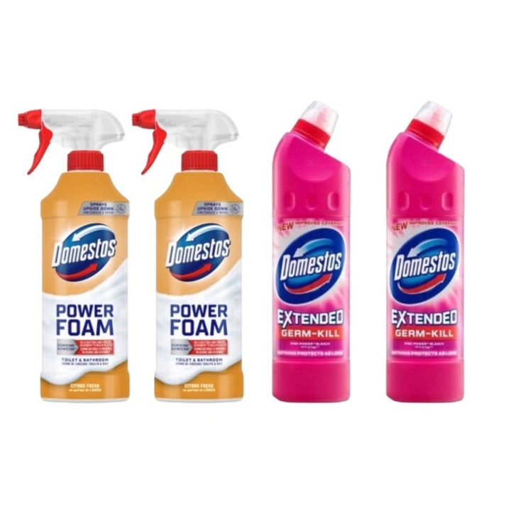 Set Dezinfectare Toaleta Domestos Variety 4 x Componente, 2 x Spuma de Baie 435ml Lamaie, 2 x Solutie WC Lichid 750ml Pink Fresh, rapid si eficient, testat dermatologic, prospetime de lunga durata, elimina mirosuri neplacute