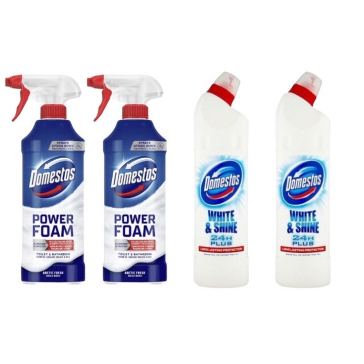 Set Dezinfectare Toaleta Domestos Variety 4 x Componente, 2 x Spuma de Baie 435ml Briza Marii, 2 x Solutie WC Lichid 750ml White&Shine, rapid si eficient, testat dermatologic, prospetime de lunga durata, elimina mirosuri neplacute