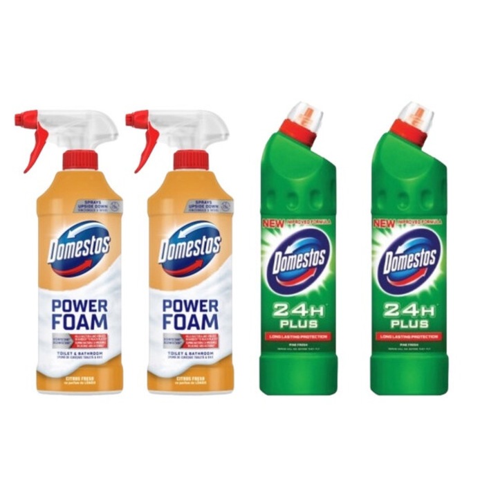 Set Dezinfectare Toaleta Domestos Variety 4 x Componente, 2 x Spuma de Baie 435ml Lamaie, 2 x Solutie WC Lichid 750ml Pine Fresh, rapid si eficient, testat dermatologic, prospetime de lunga durata, elimina mirosuri neplacute
