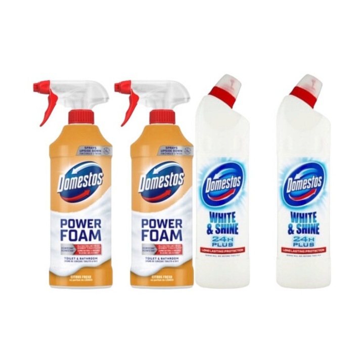 Set Dezinfectare Toaleta Domestos Variety 4 x Componente, 2 x Spuma de Baie 435ml Lamaie, 2 x Solutie WC Lichid 750ml White&Shine, rapid si eficient, testat dermatologic, prospetime de lunga durata, elimina mirosuri neplacute