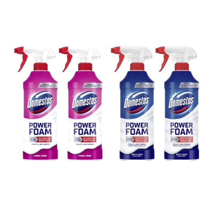 Set Dezinfectare Toaleta Domestos Variety 4 x Componente, 2 x Spuma de Baie 435ml Floral, 2 x Spuma de Baie 435ml Briza Marii, rapid si eficient, testat dermatologic, prospetime de lunga durata, elimina mirosuri neplacute
