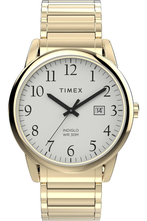 Ceas Barbatesc Timex Easy Reader, Analog Quartz, Indiglo, Rezistent la Apa 3 ATM, Aur, Bratara Otel, Cadran Alb