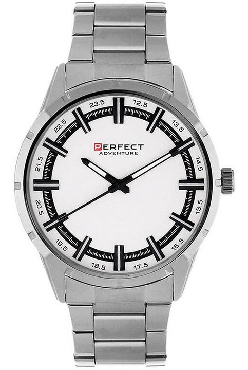 Мъжки часовник Perfect PF00563, кварц Miyota 2035, водоустойчив 3 ATM, сребрист, стоманена гривна
