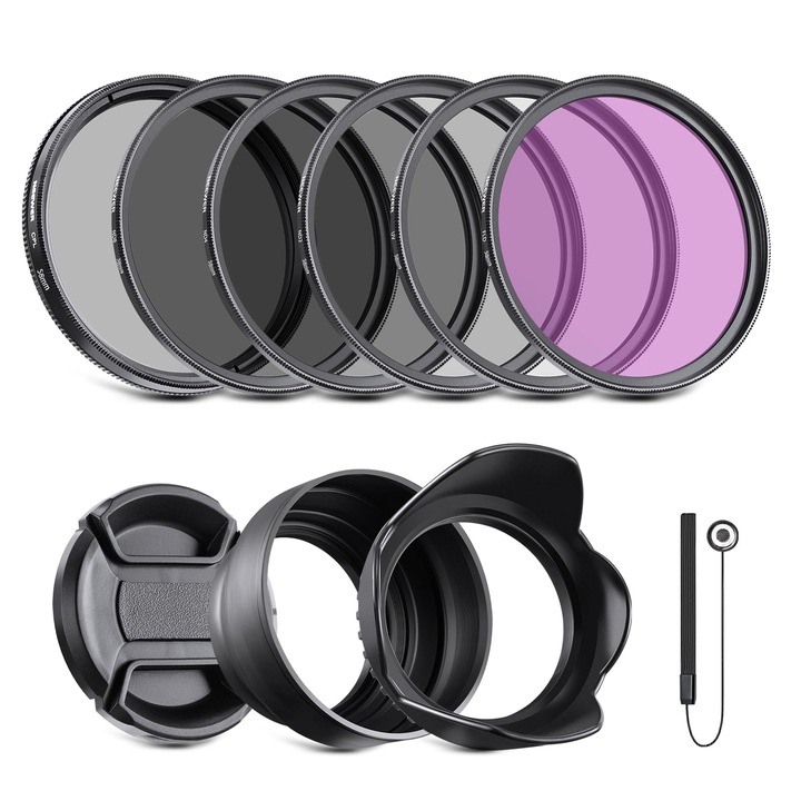Комплект от 10 филтъра, OEMG®, ND2, ND4, ND8, UV, CPL, FLD, 58 mm, тип сенник, черен