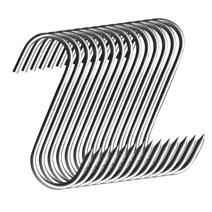 Set 20 carlige din inox pentru macelarie sau afumatoare carne, OEMG®, pentru suspendat carnea, pentru toate tipurile de carne, tip S, 150 x 50 x 5mm, Argintiu