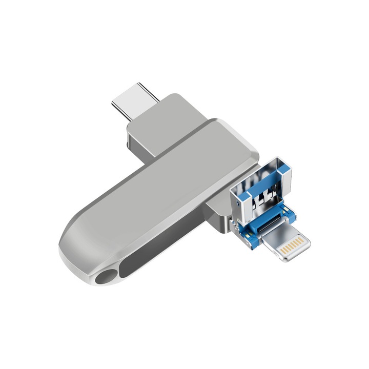 Memory Stick, 4 в 1, 1TB, 360 въртящ се, OEMG®, водоустойчив, съвместим с телефон/устройства с порт тип C, Lightning и USB C, OTG съвместимост, висока скорост, сребрист