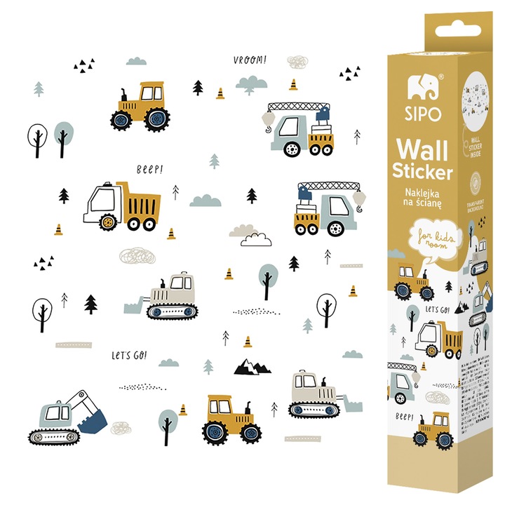 Stickere Perete Copii SIPO – Tractoare si Excavatoare, Set Decorativ, 50x90 cm