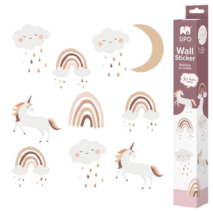Stickere Perete Copii SIPO – Curcubeu Boho Unicorn, Set Decorativ, 54x86 cm
