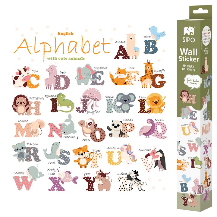 Stickere Perete Copii SIPO – Alfabet cu Animale, Set Decorativ, 65x100 cm