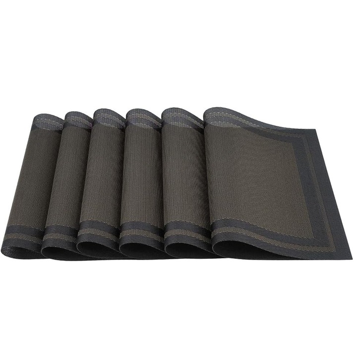 6 db-os tányéralátét készlet, Zggzerg, PVC/poliészter, Mosható, Hőálló és csúszásmentes, Könnyen kezelhető, Könnyen tisztítható, Szabadon vágható, Edényekhez, Konyhába otthonra, étterembe és szállodába, 30 x 45 cm, Fekete