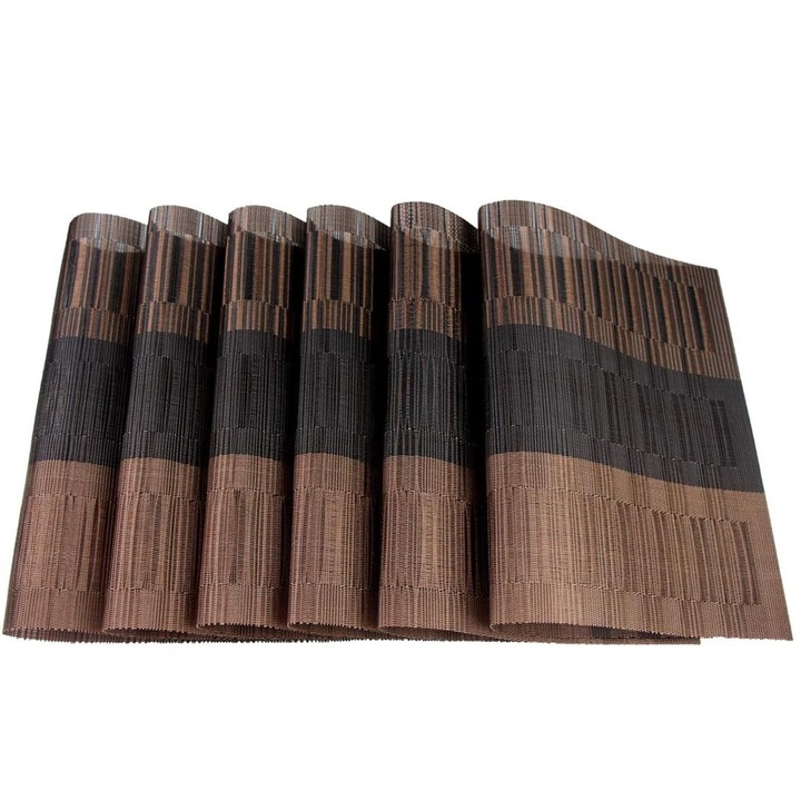 Set 6 Servete, Zggzerg, PVC/Poliester, Textura de bambus, Lavabil, Rezistent la uzura si la murdarie, Antiderapant, Usor de curatat, Poate fi taiat liber, Pentru tacamuri, Pentru bucatarie acasa, Restaurant si hotel, 30 x 45 cm, Maro