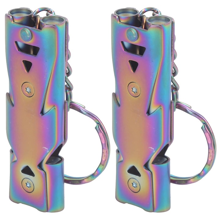 Комплект от 2 ключодържателя Survival / Emergency Whistle, Zggzerg, 150 db, Силен звук, Дизайн с двойна тръба, Малък и преносим, За обучение на кучета, къмпинг, туризъм, риболов, Неръждаема стомана, 5,7 x 1,8 x 0,8 cm, Цвят