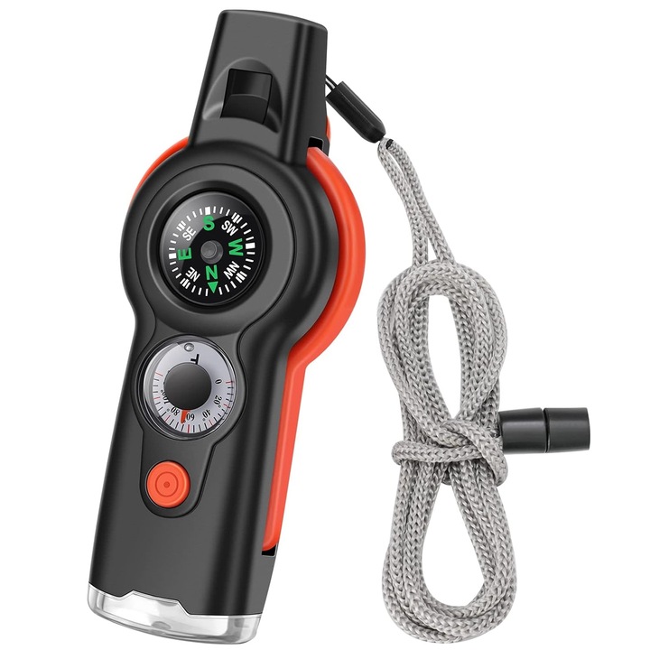 Fluier Supravietuire / Urgente, Zggzerg, Sapte functii, Cu busola, termometru, lumina LED, lupa, Mai mare de 100dB, Portabil, Pentru drumetii, camping, alpinism, vanatoare, pescuit, ABS, 11 x 4.5 x 2.4cm, Negru