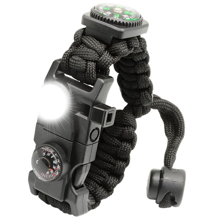 Гривна за оцеляване на открито, Zggzerg, 20 в 1, с паракорд, маншет, свирка, LED светлина, кремъци, регулируема, устойчива на корозия, използва се за туризъм на открито, изследване на дивата природа, излети сред природата, 20,5-24 см, черна