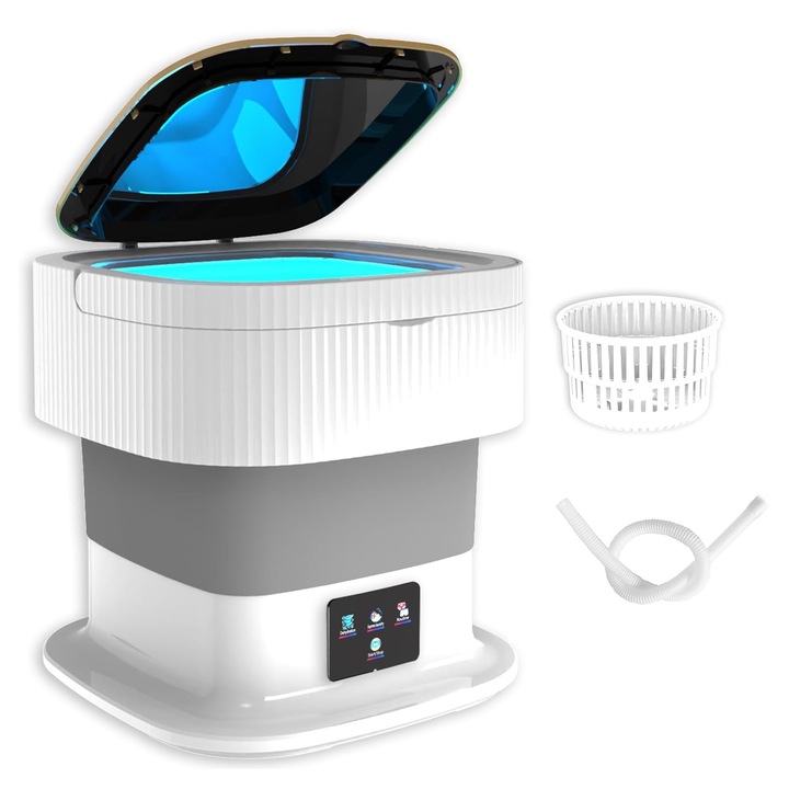 Преносима и сгъваема пералня, Zggzerg, 3 програми за пране, Функция центрофуга, Капацитет 11,5 л, Дълбоко почистване, С дренажна тръба, За пътуване, къмпинг или ваканция, Пластмаса, 30 x 30 x 30,5 cm, Сива