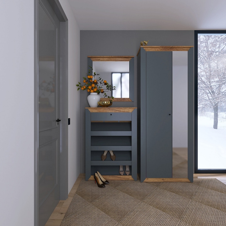 Mobilier hol Nordic-6, Everest, PAL, 160 х 38 х 205 cm, Stejar kraft auriu, grafit